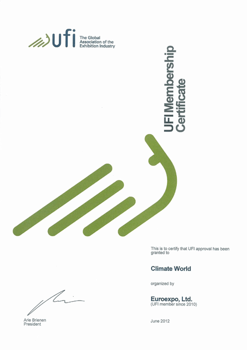 Certificate of approval for CLIMATE WORLD "UFI Approved Event"